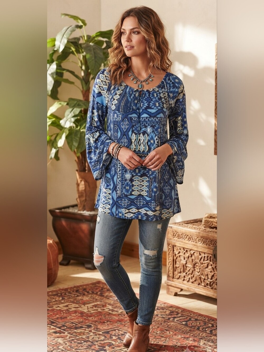 West Loop Women's Long Sleeve Boho Tunic Top Size Medium